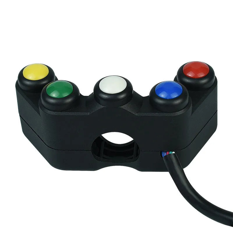 Five-position vehicle switch with red, yellow, blue, green, and white buttons for motorcycle electrical control