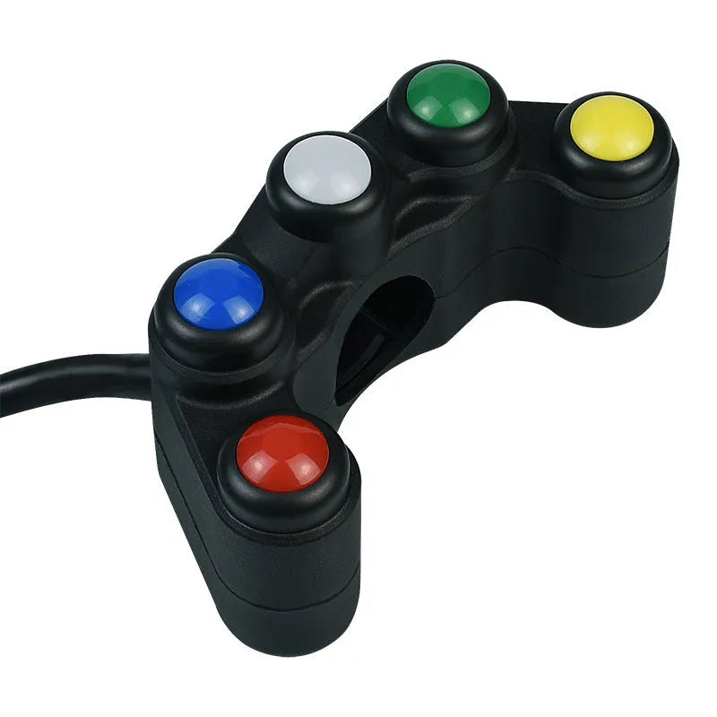 Five-position vehicle switch with red, yellow, blue, green, and white buttons for motorcycle electrical control