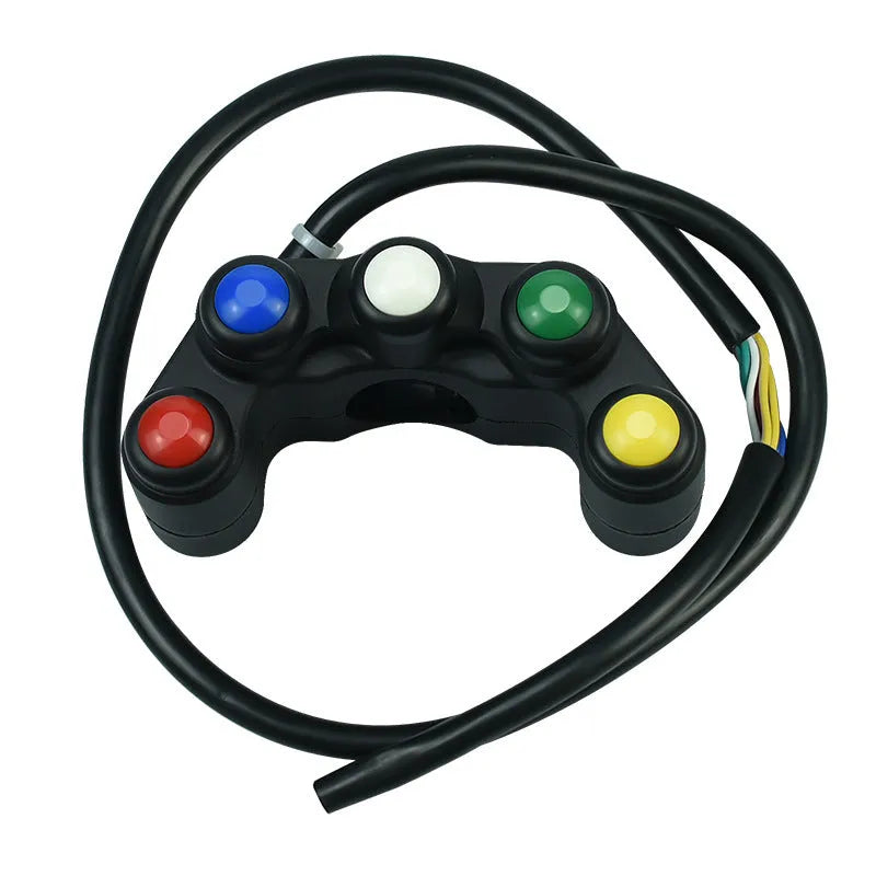 Five-position vehicle switch with red, yellow, blue, green, and white buttons for motorcycle electrical control