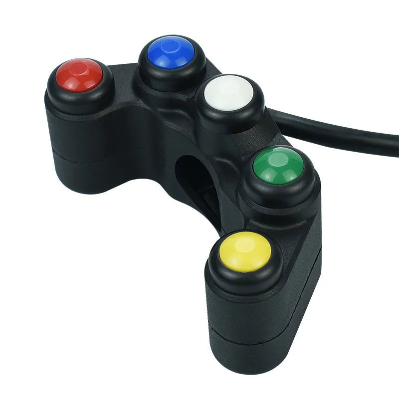 Five-position vehicle switch with red, yellow, blue, green, and white buttons for motorcycle electrical control