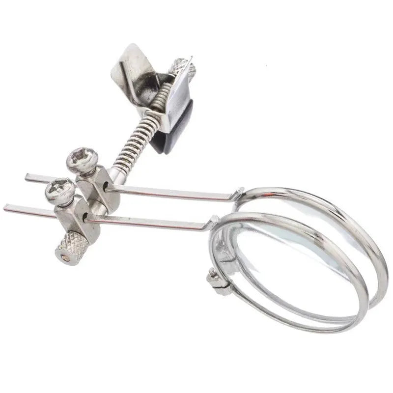 Auxiliary reading glasses clip with metal bracket and glass lenses for adding magnification to eyewear