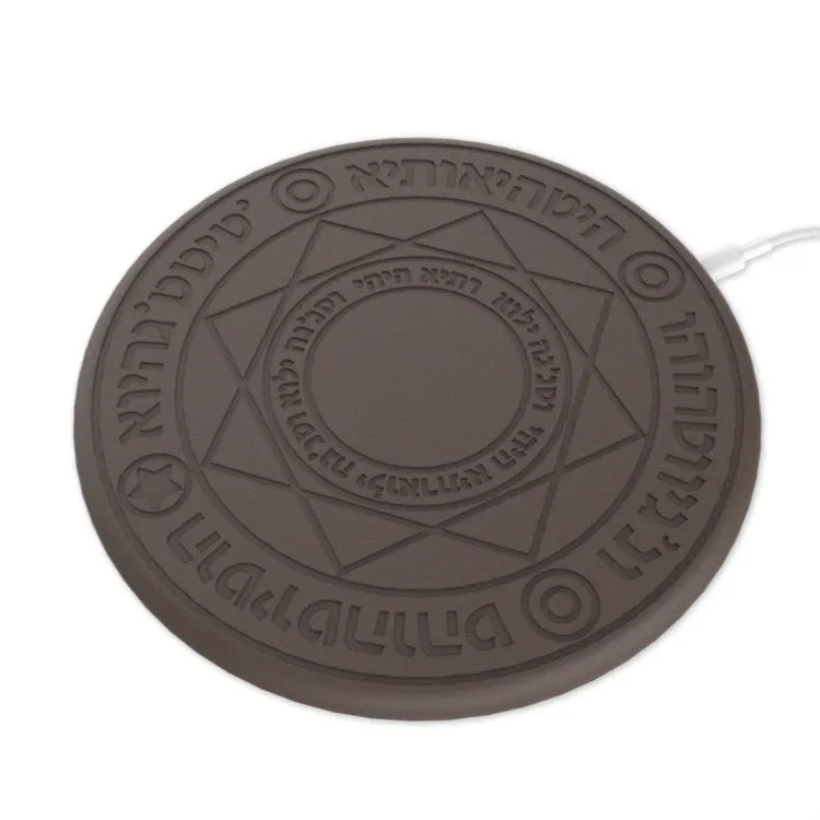 Square wireless phone charger with glowing magic array pattern showing 10W fast charging