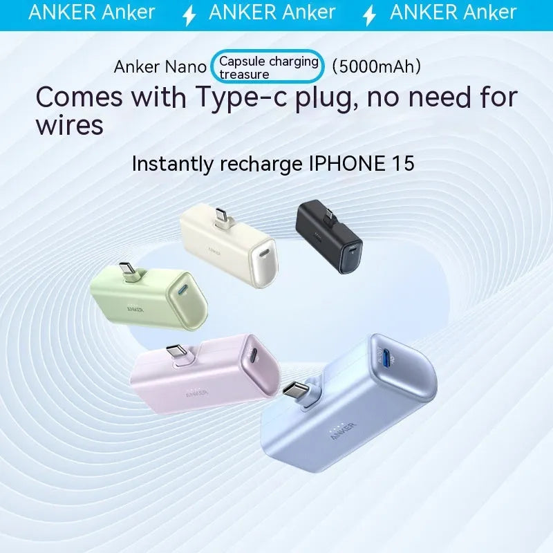 Capsule-shaped 5000mAh power bank in various colours showing Type-C port and foldable C head