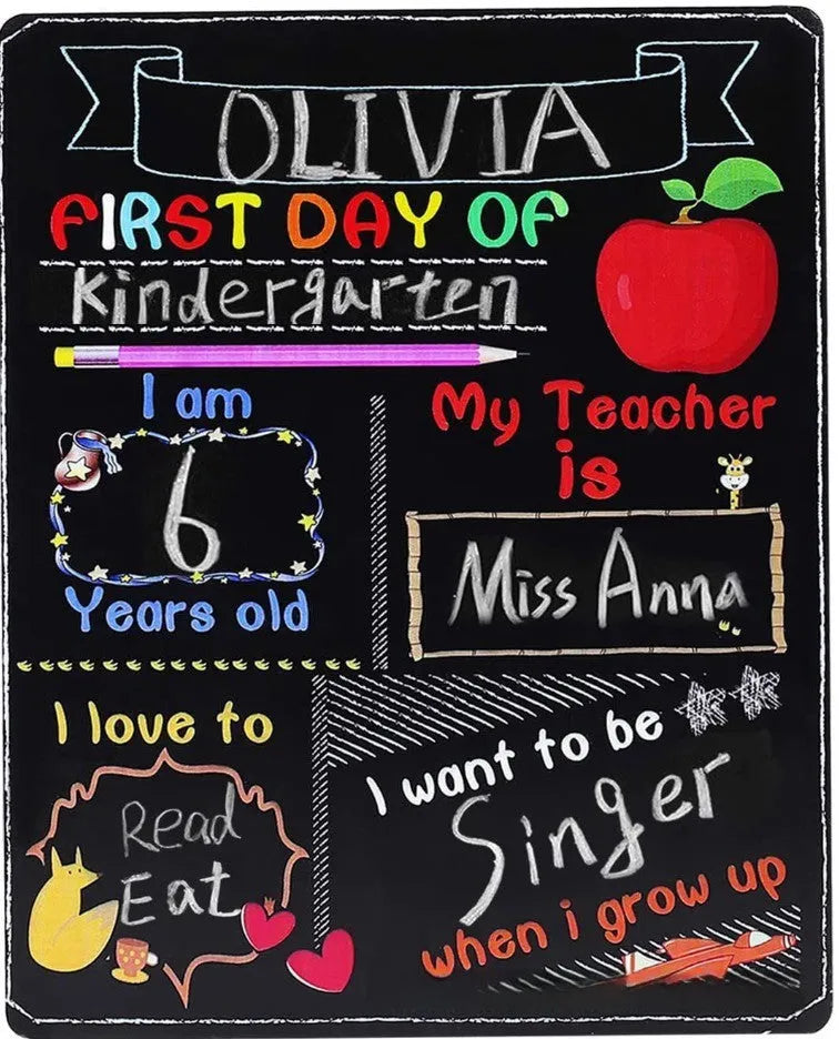 Wooden first day of school blackboard ornament measuring 25.5 by 30 centimetres.