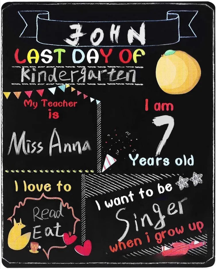 Wooden first day of school blackboard ornament measuring 25.5 by 30 centimetres.