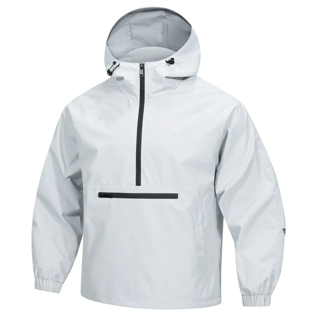 Men's Korean-style corduroy half-zip hooded jacket in light grey colour showing loose fit and hood detail