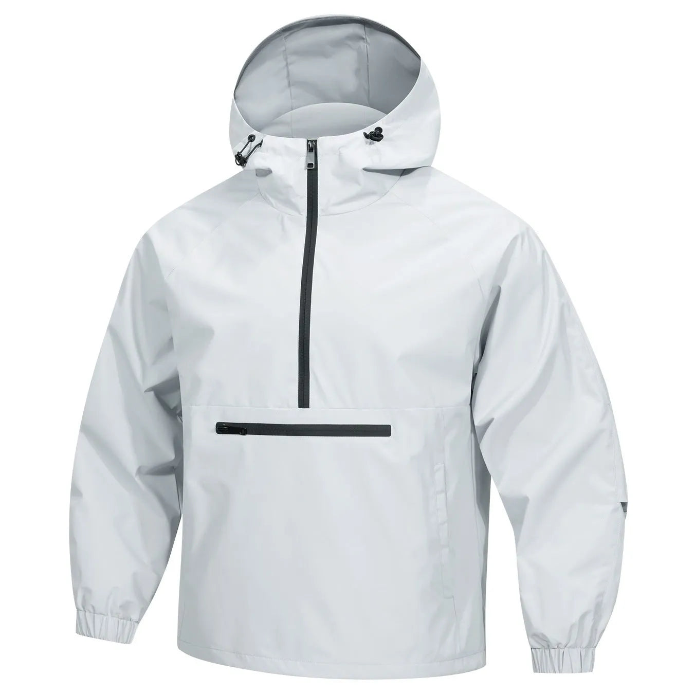 Men's Korean-style corduroy half-zip hooded jacket in light grey colour showing loose fit and hood detail