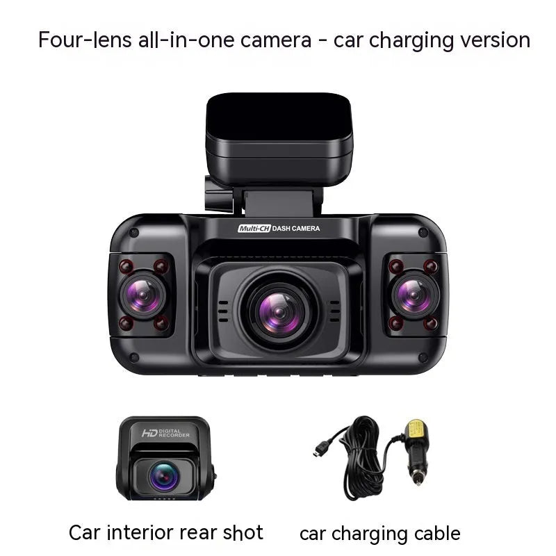 Black panoramic driving recorder dash cam with multiple lenses on a compact 2-inch screen unit.