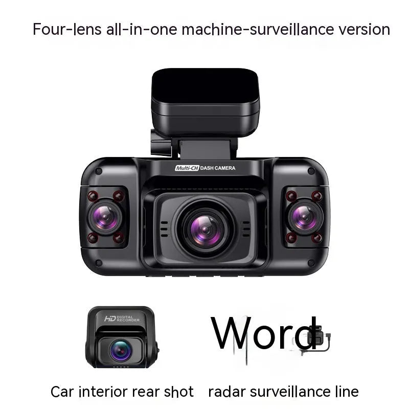 Black panoramic driving recorder dash cam with multiple lenses on a compact 2-inch screen unit.