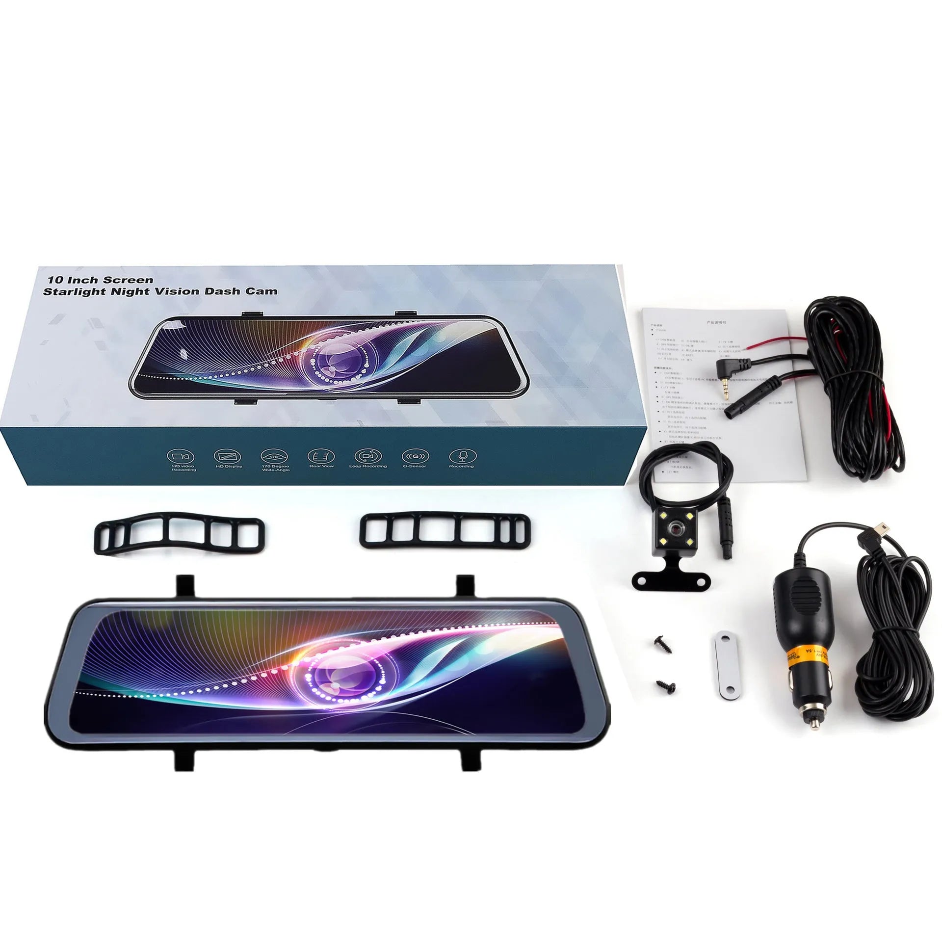 Black 10-inch touch screen dash camera rearview mirror with wide-angle lens for vehicle recording