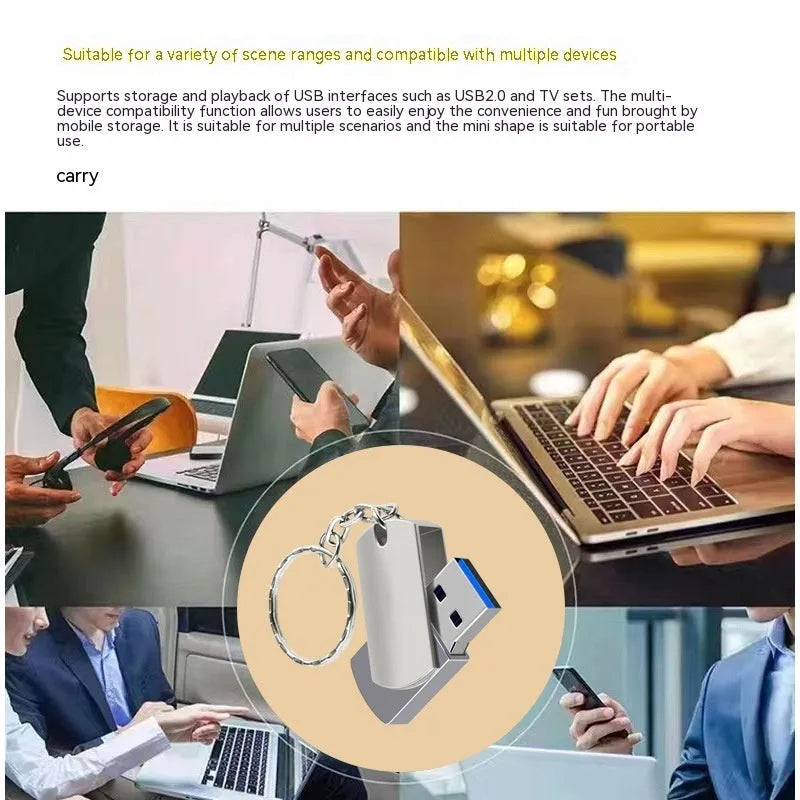 Small white metal USB flash drive with rotating mechanism showing compact 34mm design