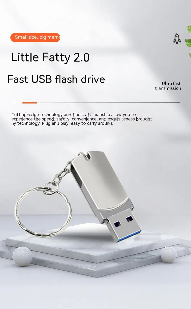 Small white metal USB flash drive with rotating mechanism showing compact 34mm design