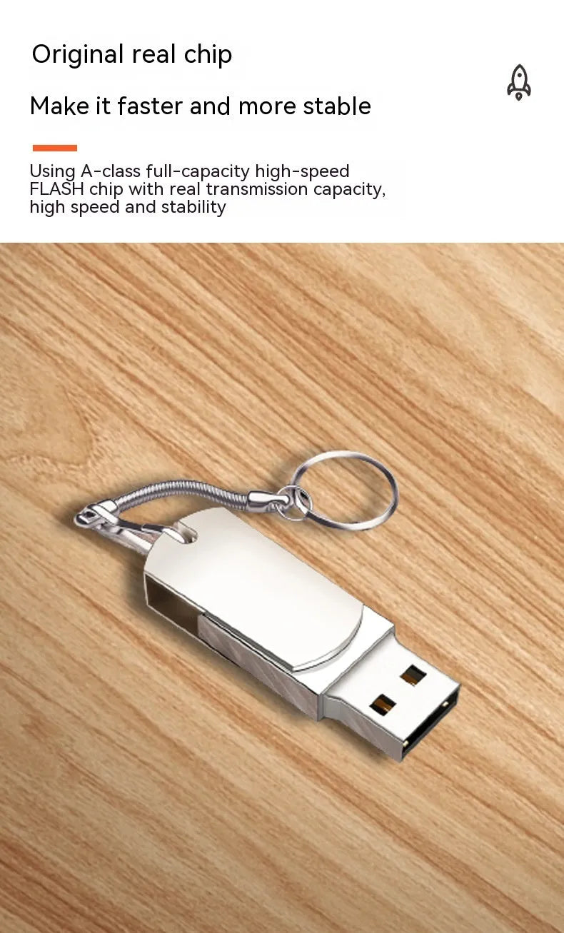 Small white metal USB flash drive with rotating mechanism showing compact 34mm design