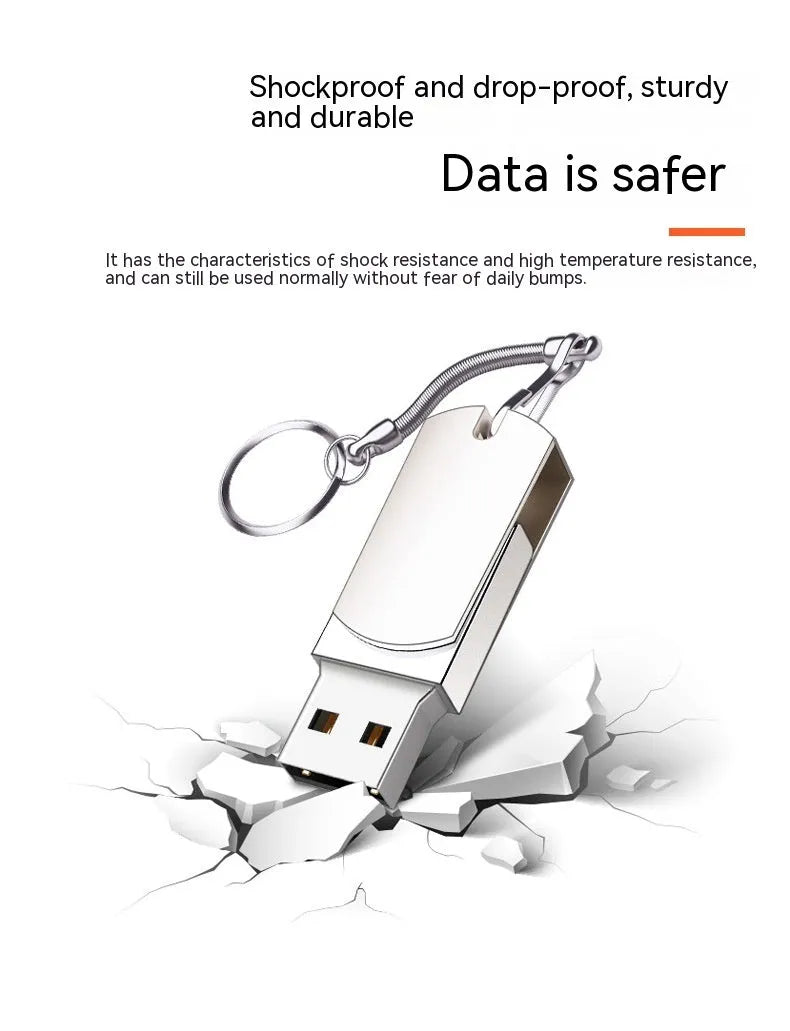 Small white metal USB flash drive with rotating mechanism showing compact 34mm design