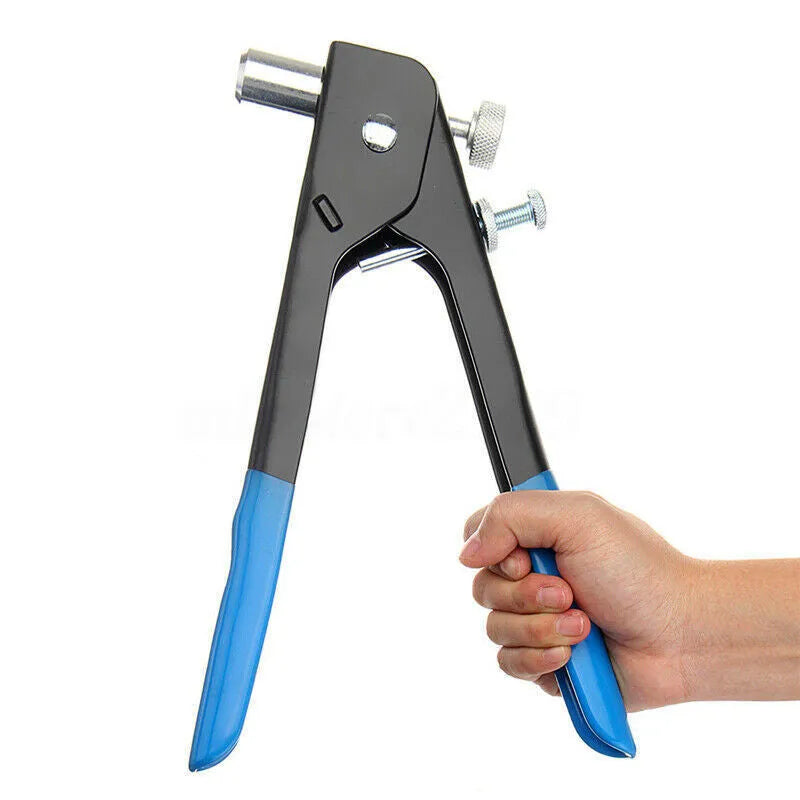 Manual riveter gun tool and assortment of alloy steel rivet nuts from an 86-piece or 106-piece fastener set.