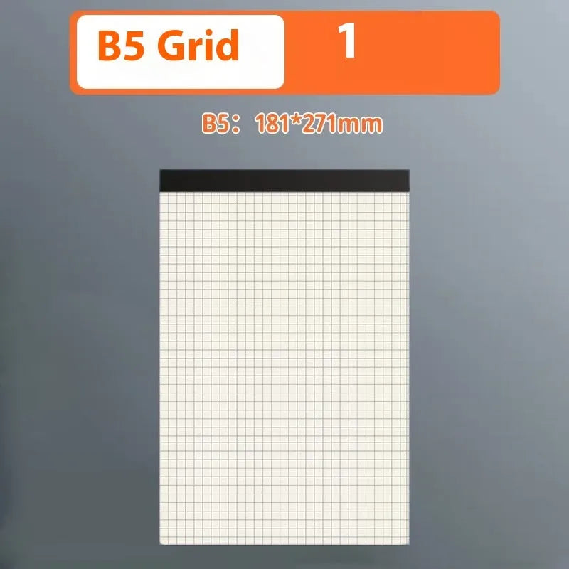 Set of A5, B5 and A4 writing pads with blank, grid and lined paper options showing tearable pages