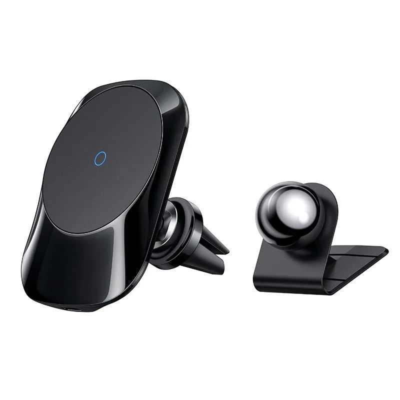 Black magnetic car wireless charger mounted on vehicle air vent with phone attached