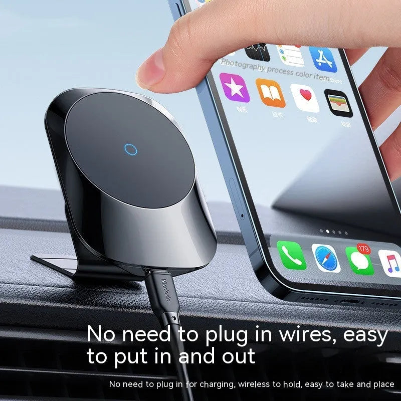 Black magnetic car wireless charger mounted on vehicle air vent with phone attached