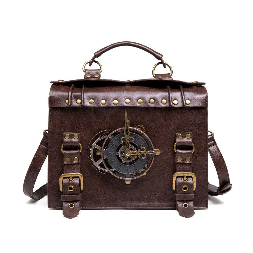 Bronze steampunk industrial retro shoulder bag with square pillow bag design and metal hardware