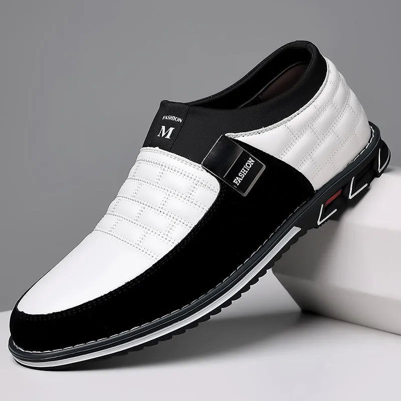 Slip-on men's plus size casual leather shoes in black with round toe and rubber sole