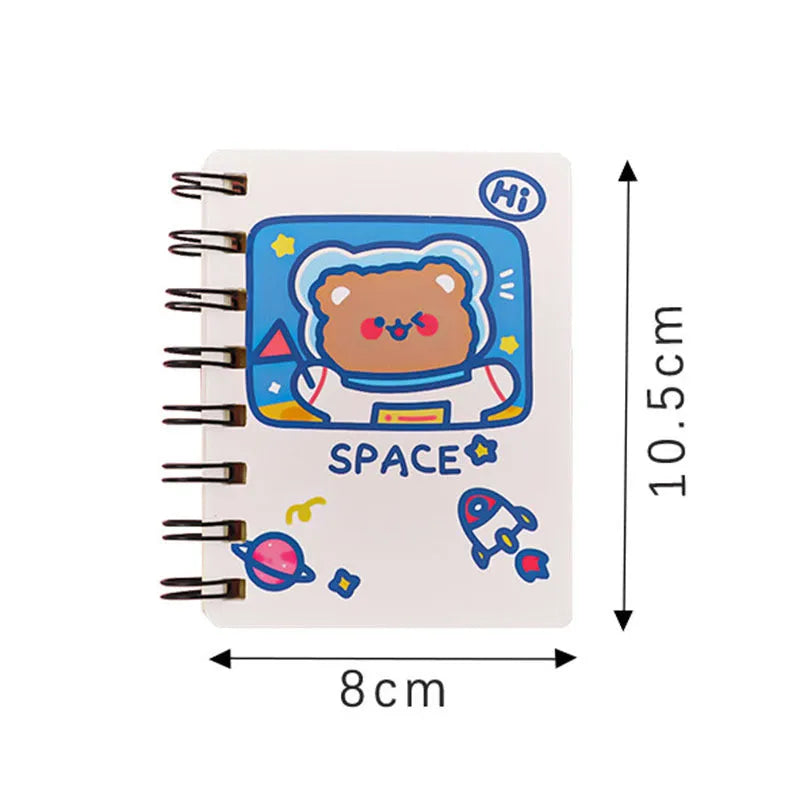 Astronaut flipped portable pocket notebook showing space-themed cover designs at 10.5 by 8 cm size