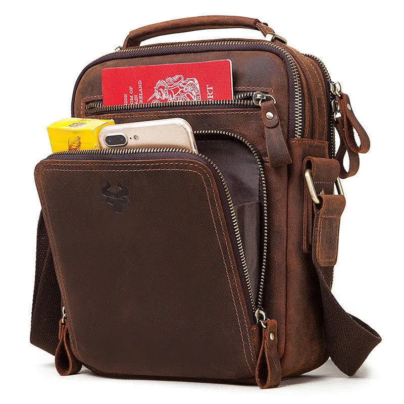 Men's brown Crazy Horse leather retro style crossbody bag with sewing line details.
