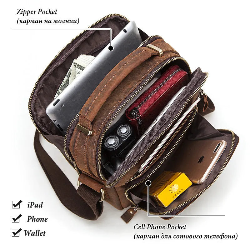 Men's brown Crazy Horse leather retro style crossbody bag with sewing line details.