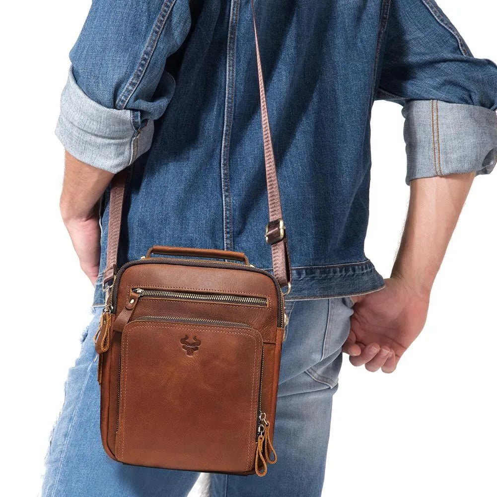 Men's brown Crazy Horse leather retro style crossbody bag with sewing line details.