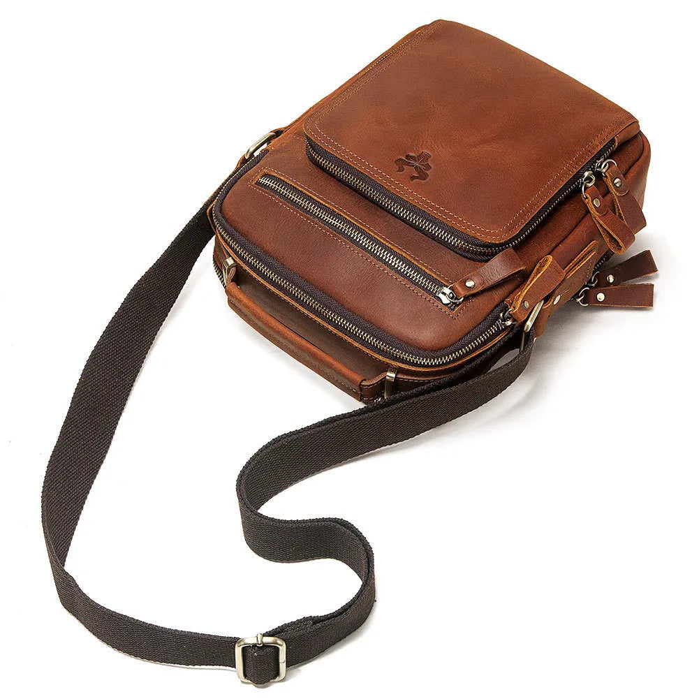 Men's brown Crazy Horse leather retro style crossbody bag with sewing line details.