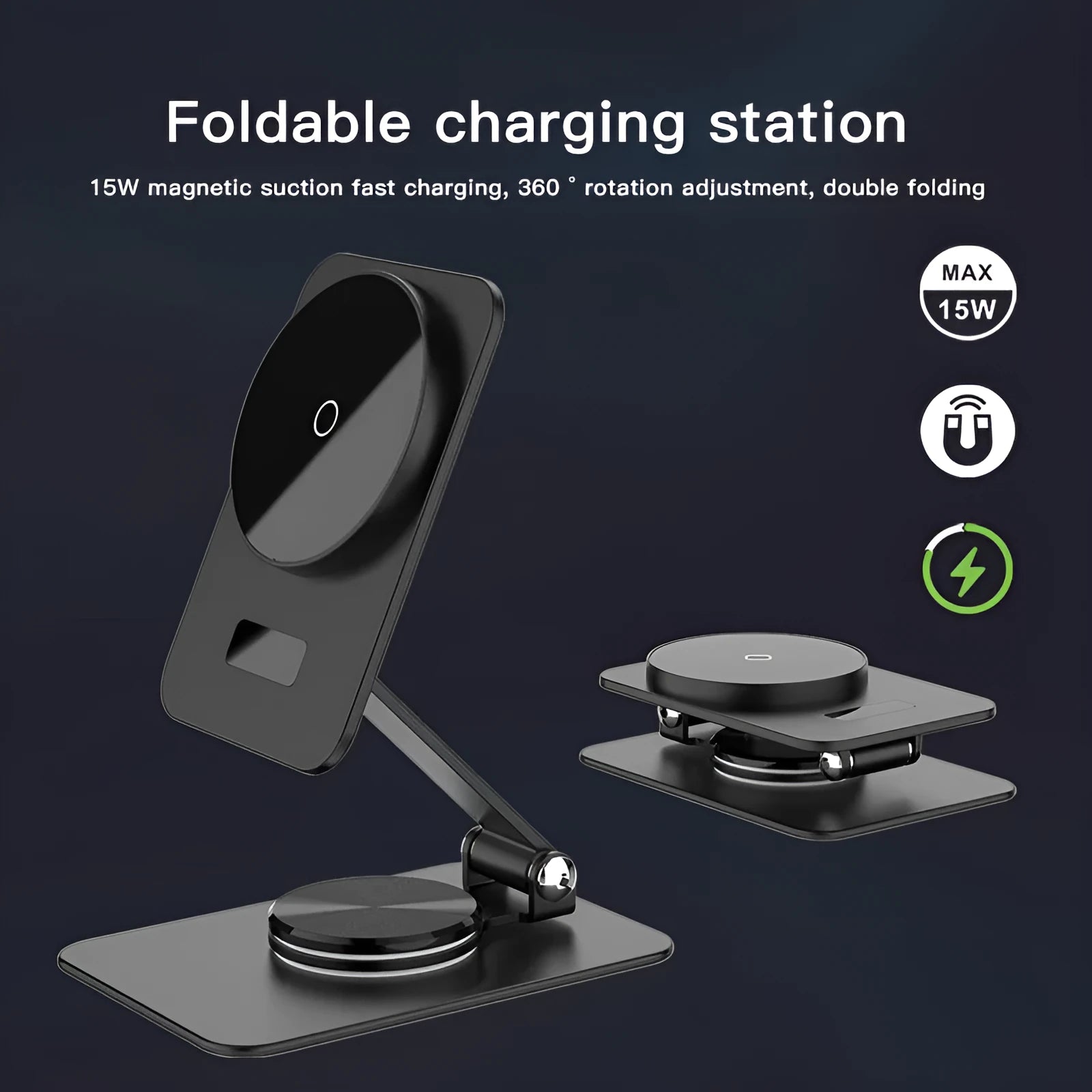 Black 15W digital magnetic wireless charger for Apple with Type-C input on a desk