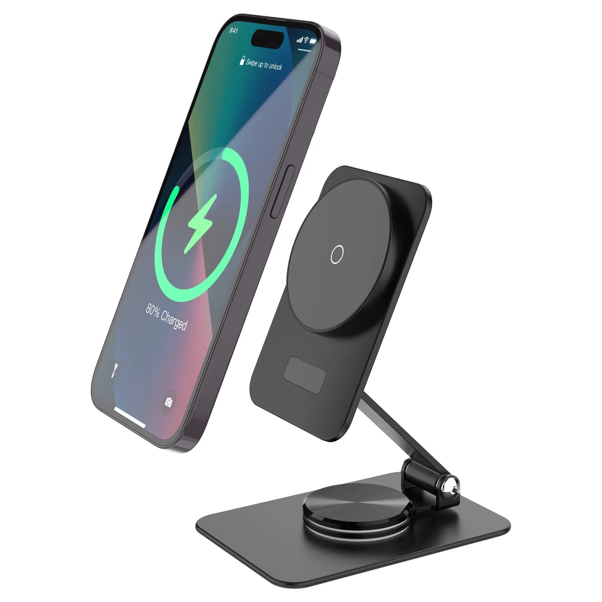 Black 15W digital magnetic wireless charger for Apple with Type-C input on a desk