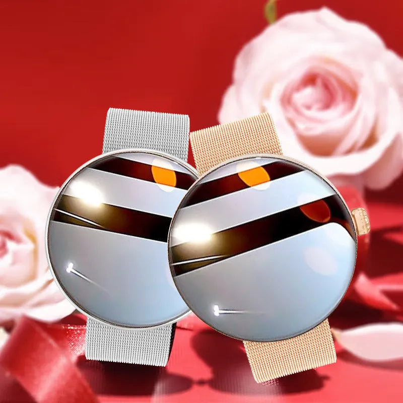 Smart watch with circular colour screen and metal strap showing heart rate monitoring display