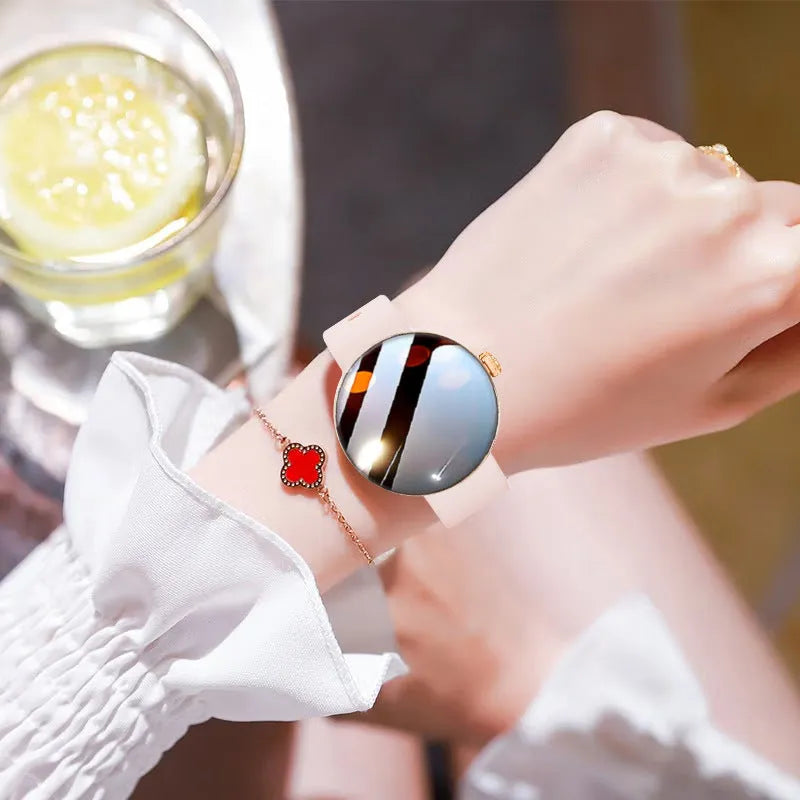 Smart watch with circular colour screen and metal strap showing heart rate monitoring display