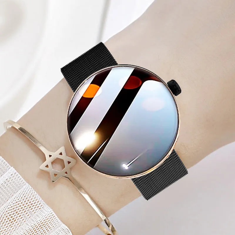 Smart watch with circular colour screen and metal strap showing heart rate monitoring display