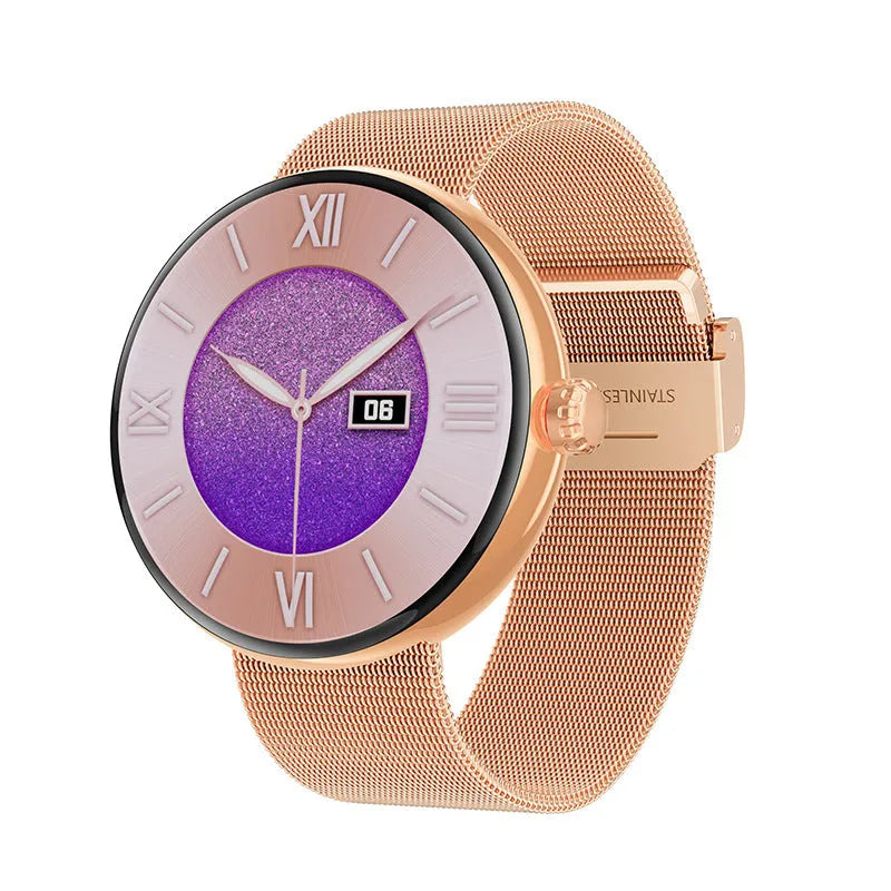 Smart watch with circular colour screen and metal strap showing heart rate monitoring display