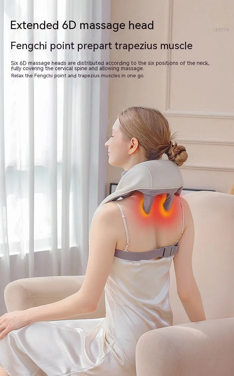 Milky white rechargeable shoulder and neck kneading massager with USB charging cable.