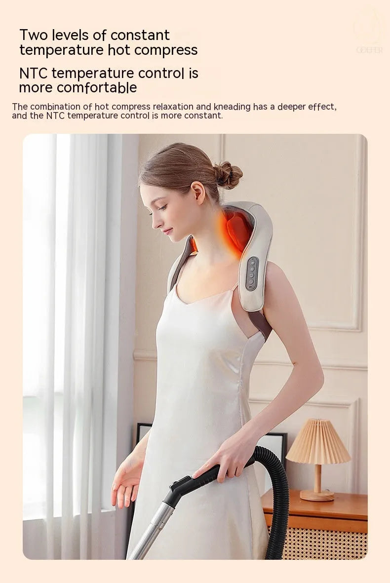 Milky white rechargeable shoulder and neck kneading massager with USB charging cable.