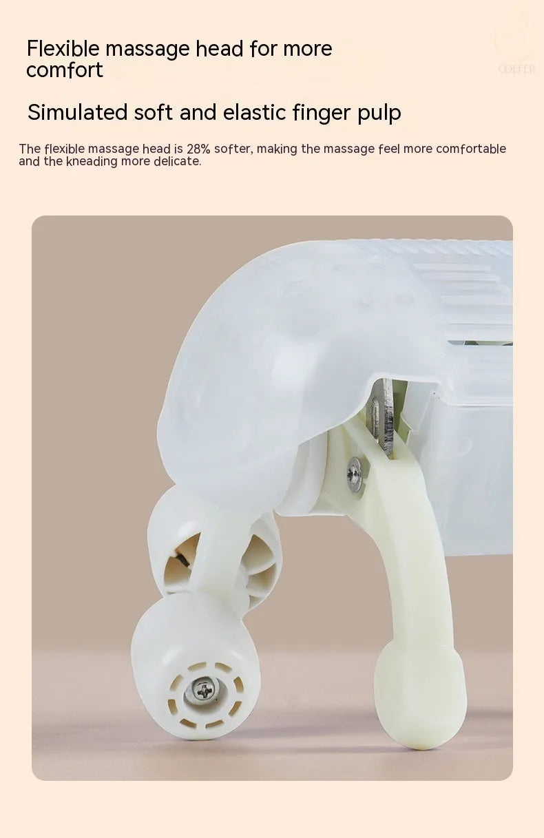 Milky white rechargeable shoulder and neck kneading massager with USB charging cable.