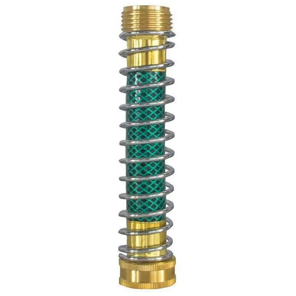 Close-up of a 15cm long brass garden hose spring connector with a visible internal spiral to prevent kinking.