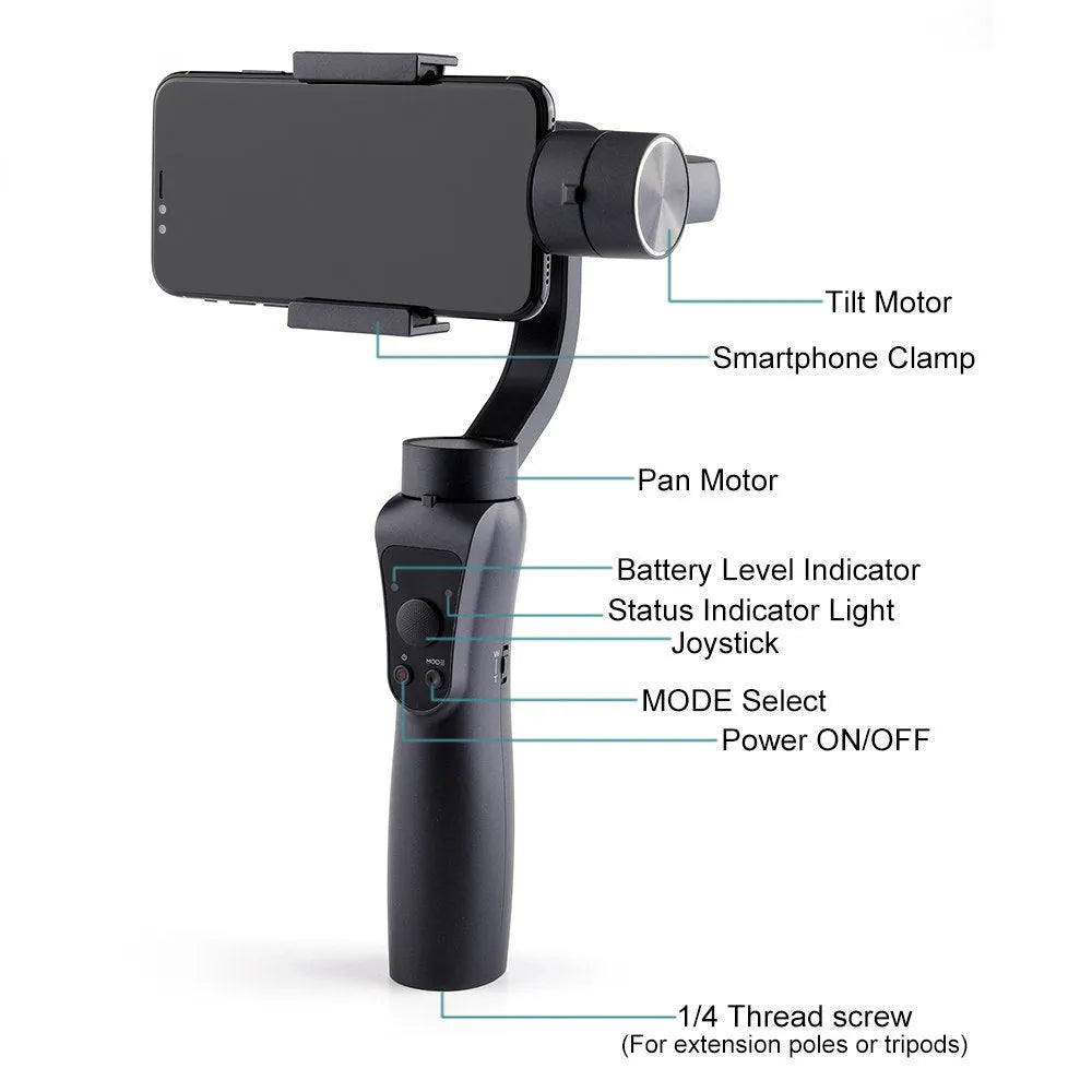 Black 3-axis handheld mobile phone gimbal stabilizer for smartphones up to 6.5 inches
