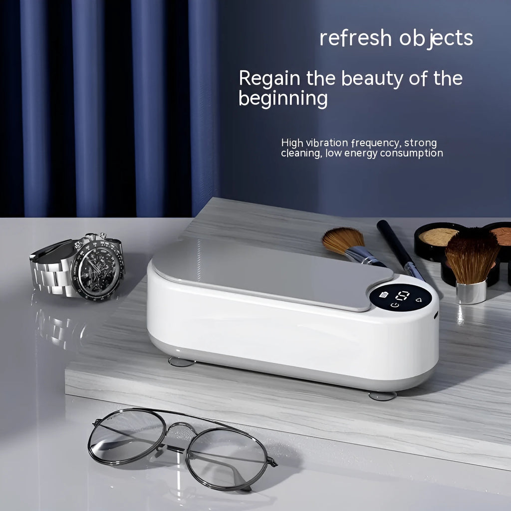 White ultrasonic glasses washing machine with compact design, USB power, and 200g weight