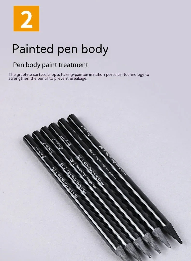 Set of six graphite and three carbonized drawing pencils with wooden casings on a suction card.