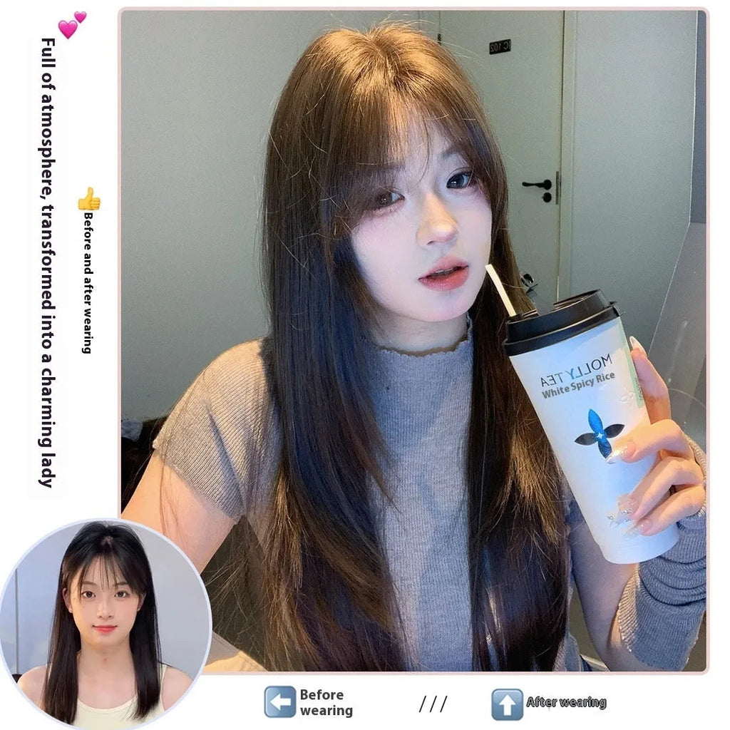 Cold brown layered long straight synthetic wig on a stand