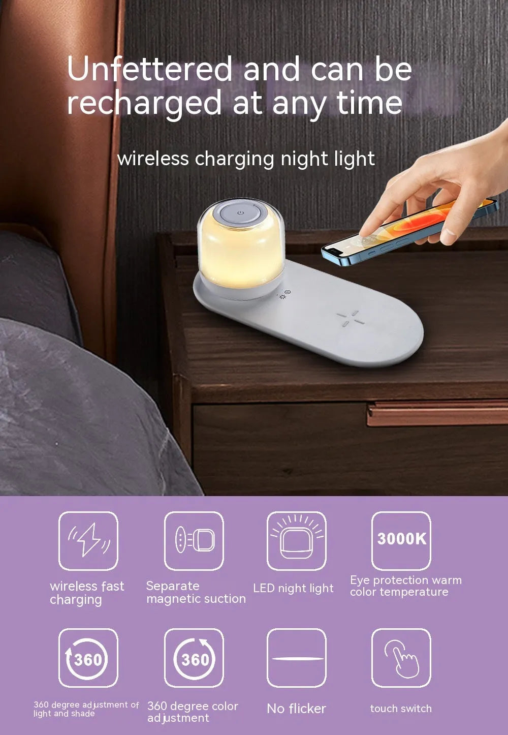 White fast charging wireless charger table lamp two-in-one with 15W max and 3000K night light on a desk