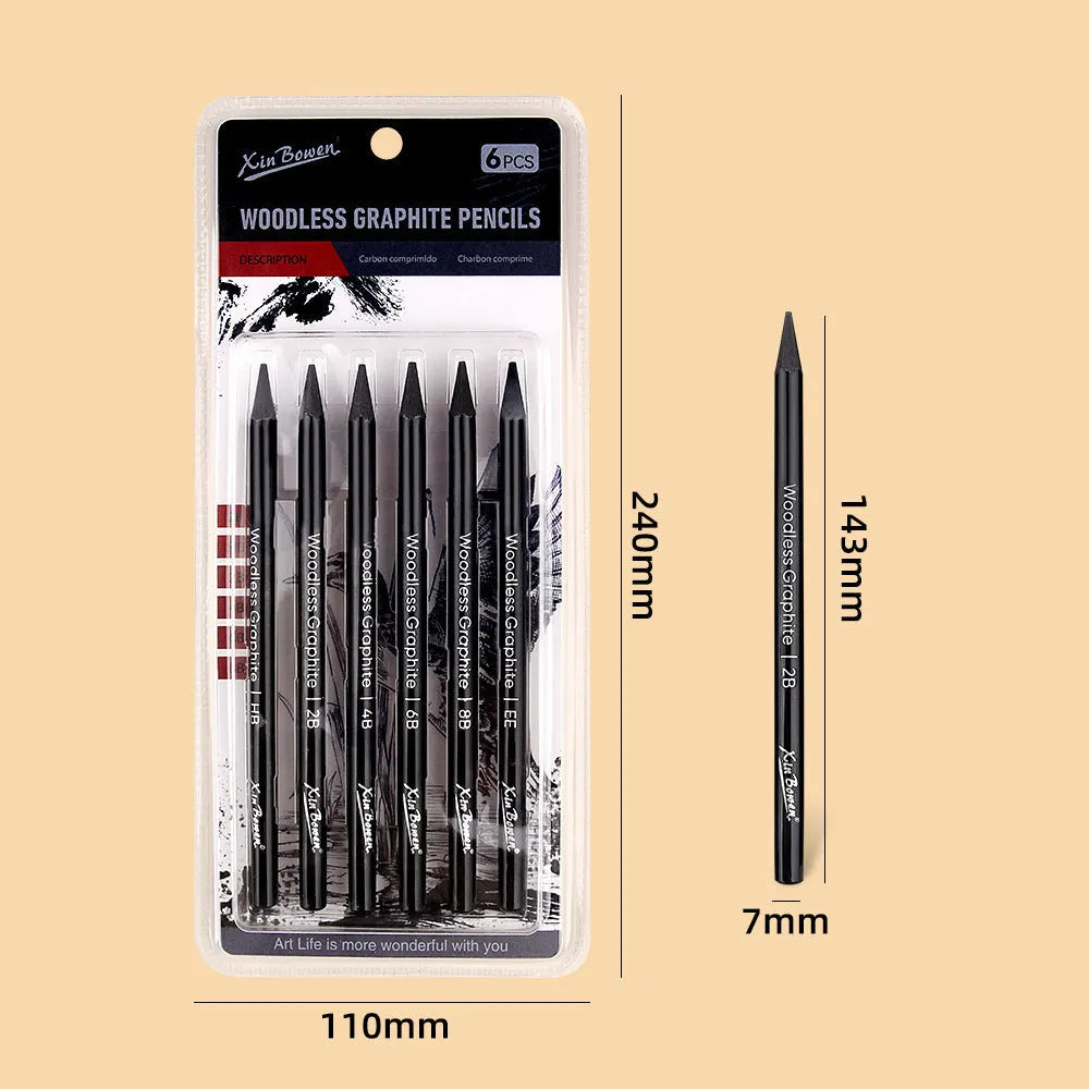 Set of six wood-free graphite sketching pencils in HB, 2B, 4B, 6B, 8B and EE grades
