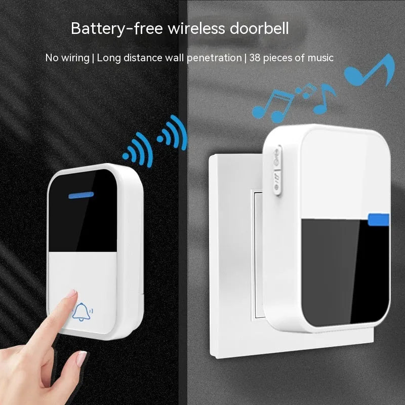 Modern white wireless doorbell kit with self-generating button and receiver showing dimensions