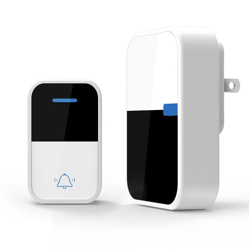 Modern white wireless doorbell kit with self-generating button and receiver showing dimensions