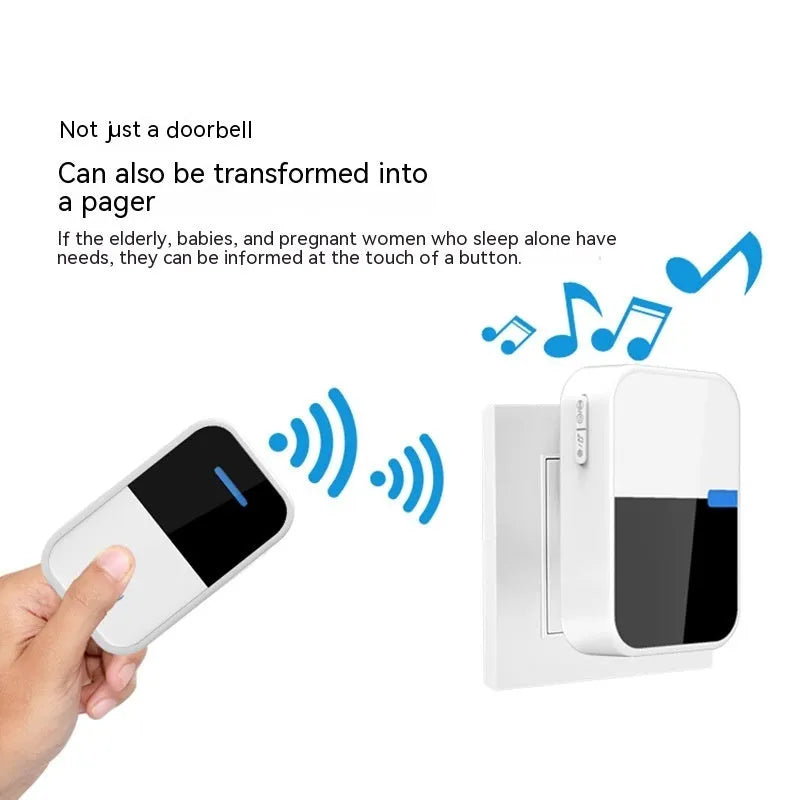 Modern white wireless doorbell kit with self-generating button and receiver showing dimensions