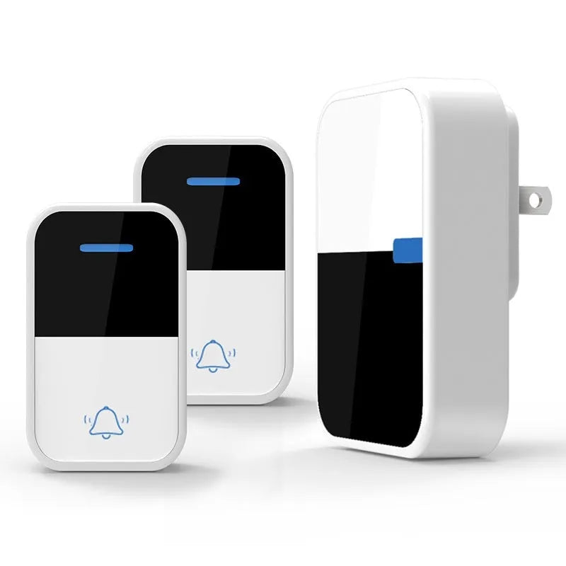 Modern white wireless doorbell kit with self-generating button and receiver showing dimensions