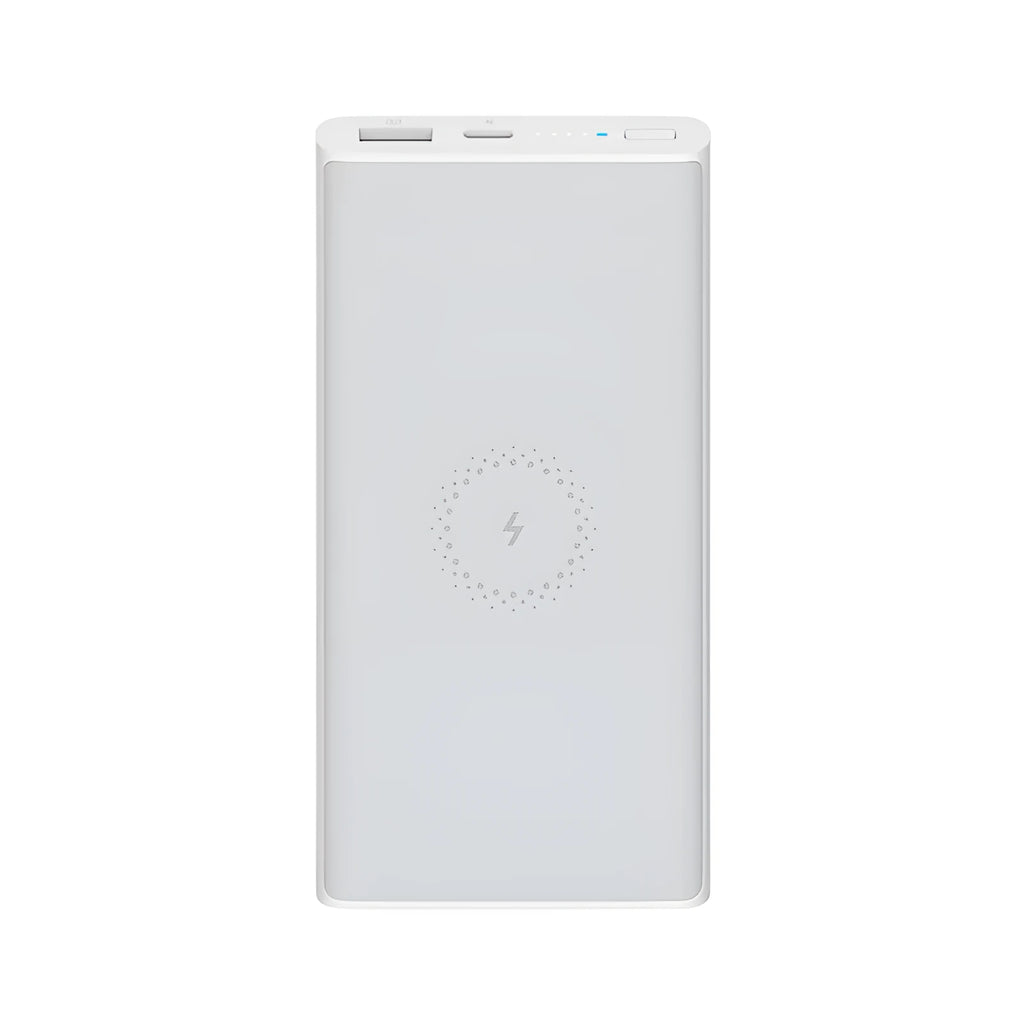 White 10000mAh power bank showing USB-C port and wireless charging surface
